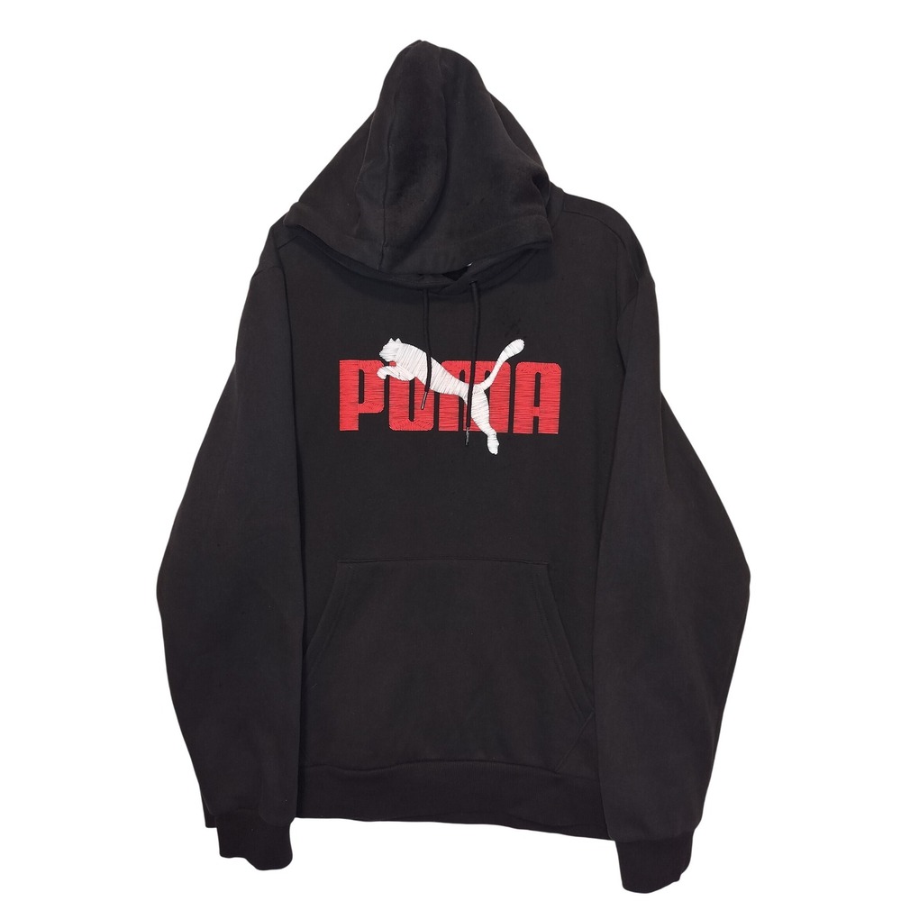 Puma Black Red Logo Hoodie Hooded Sweatshirt Men's Large